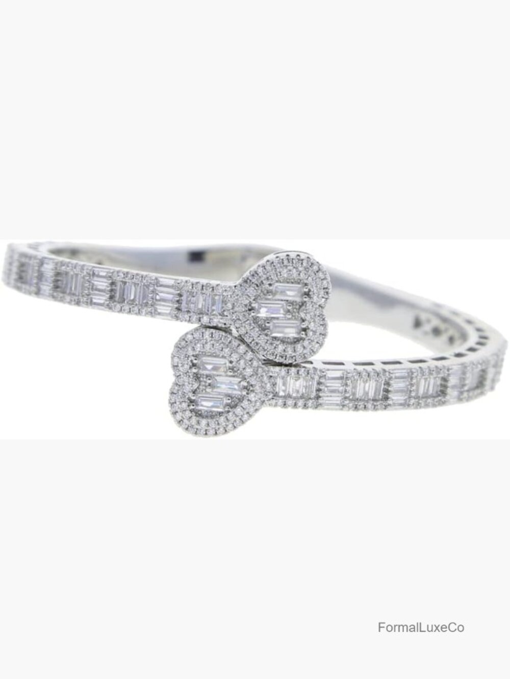 Iced Out Cubic Zirconia Double Heart Shaped Open Bangle Bracelet, 7"